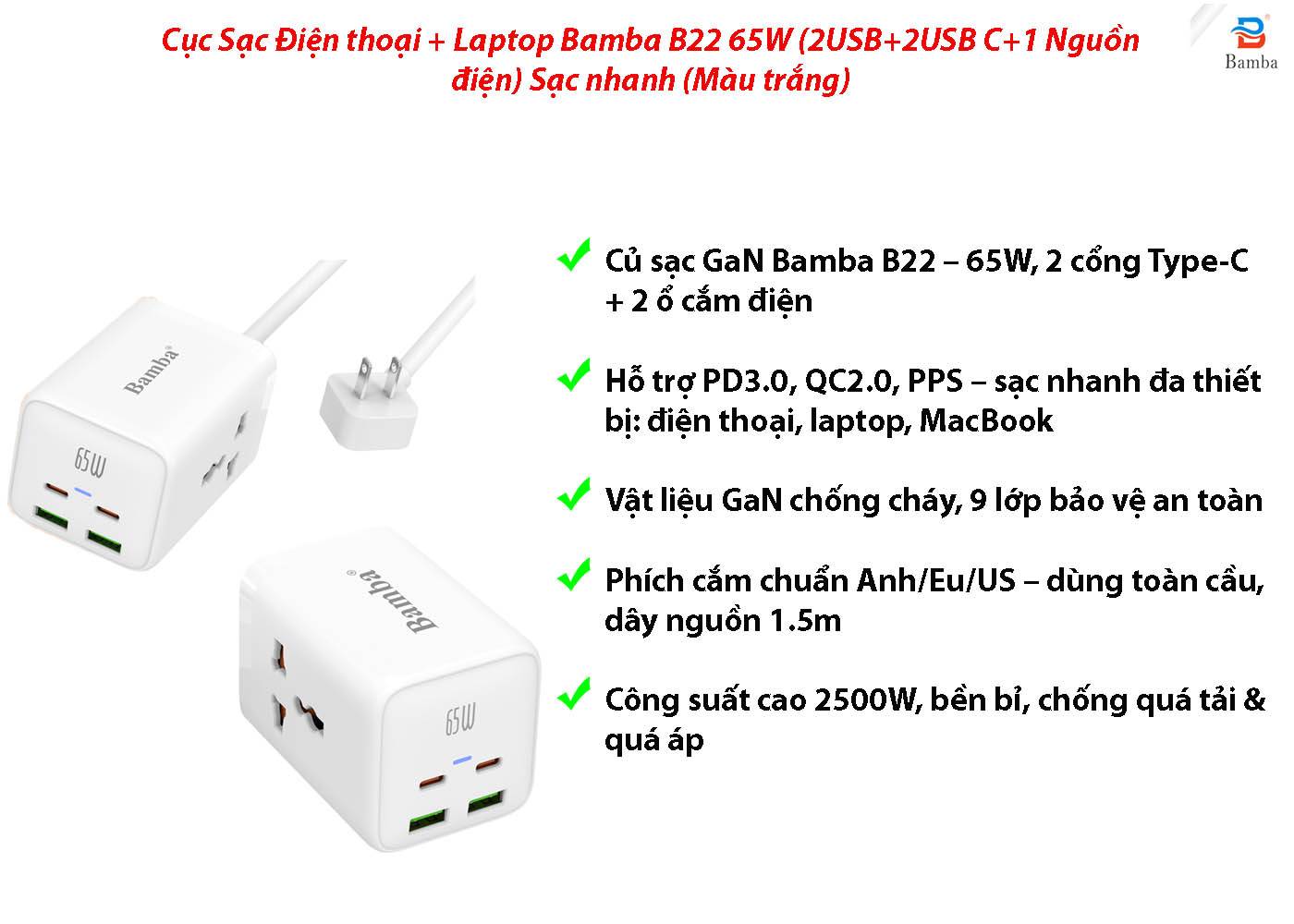 cục sạc điện thoại b22 màu trắng