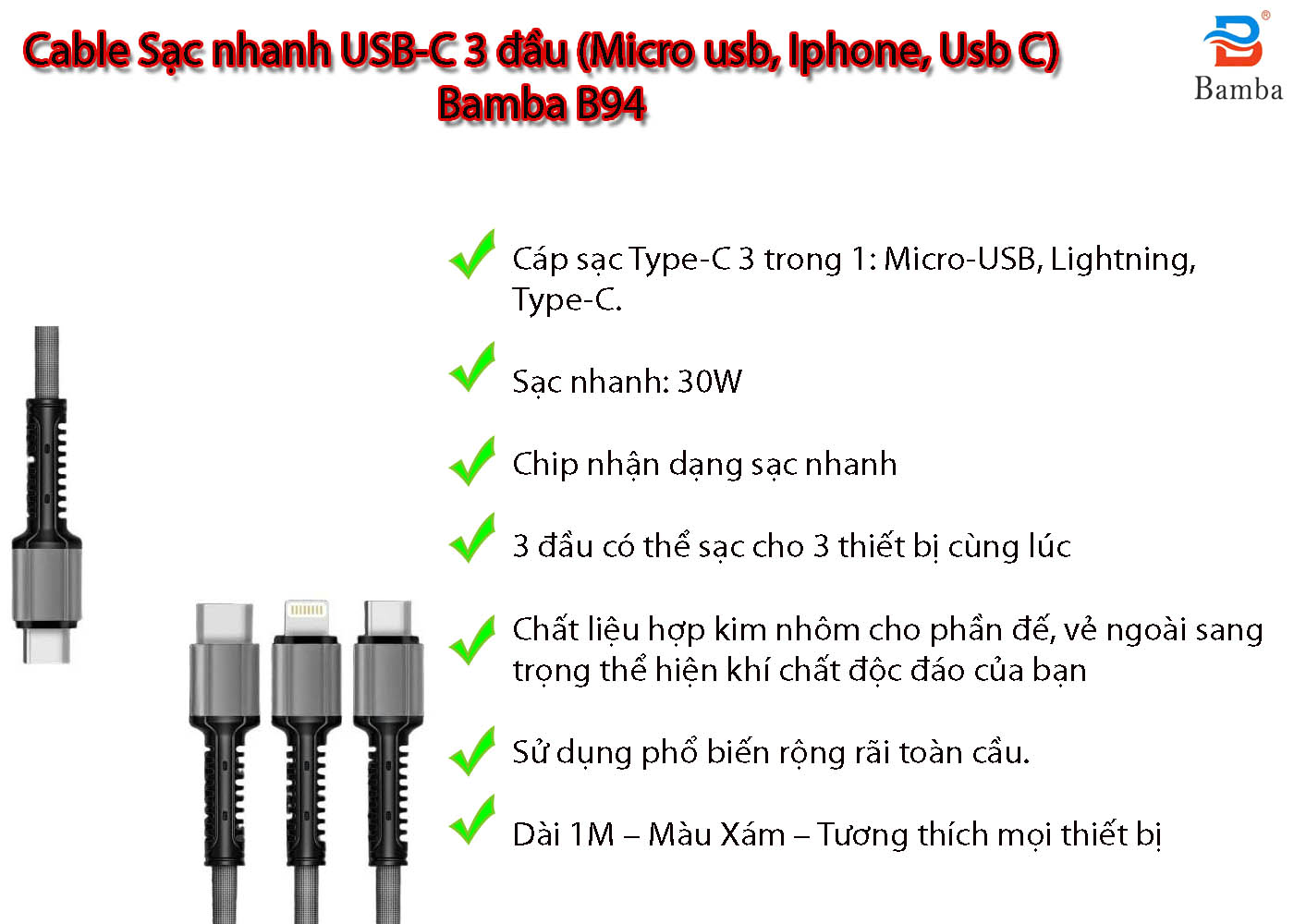 cable nhanh sạc 3 đầu b94