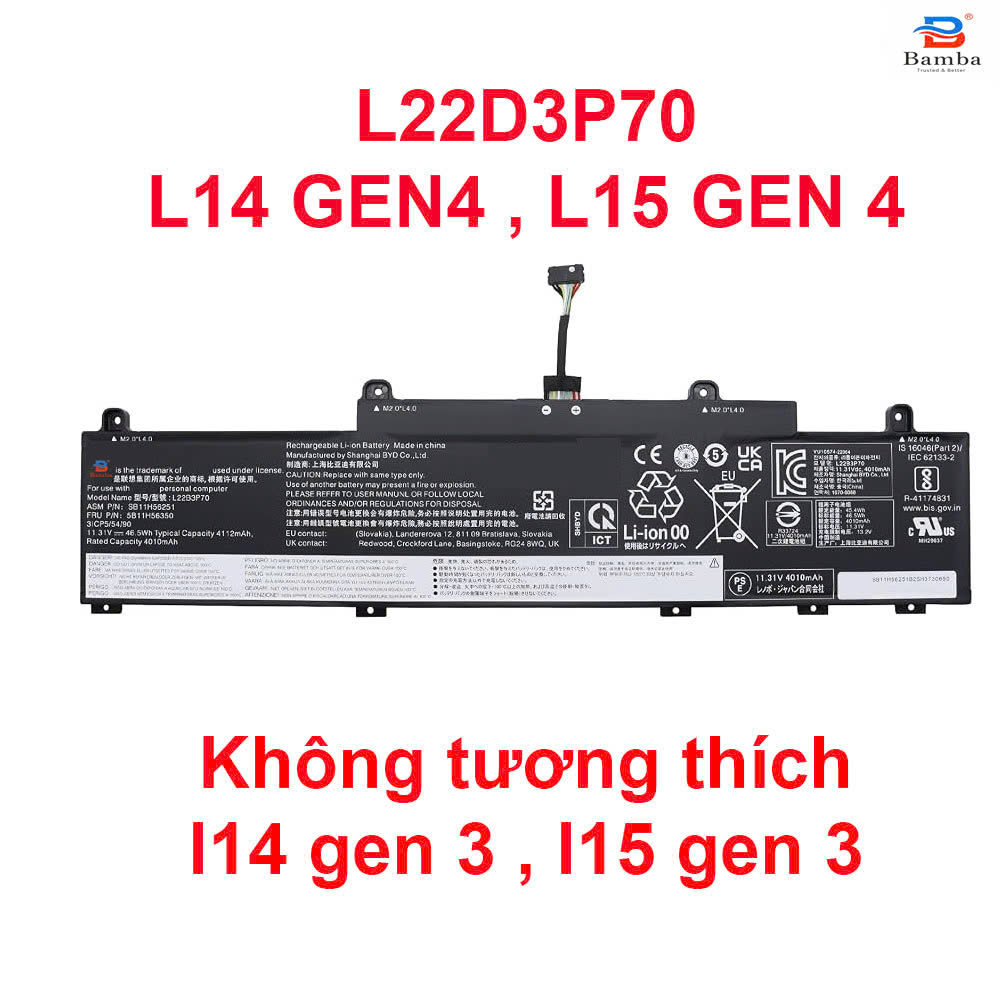 Pin Bamba Dùng cho Lenovo ThinkPad L14 Gen 4,L15 Gen 4  (L22D3P70,L22M3P70,L22B3P70,L22X3P70)  46.5WH